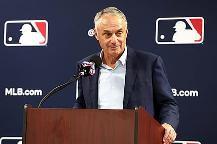Feb 15, 2024; Tampa, FL, USA; MLB commissioner Rob Manfred talks with media at George M. Steinbrenner Field. Mandatory Credit: Kim Klement Neitzel-USA TODAY Sports