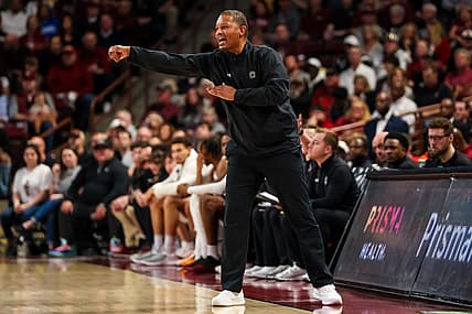 Feb 17, 2024; Columbia, South Carolina, USA; South Carolina Gamecocks head coach Lamont Paris directs his team against the LSU Tigers in the first half at Colonial Life Arena. Mandatory Credit: Jeff Blake-USA TODAY Sports