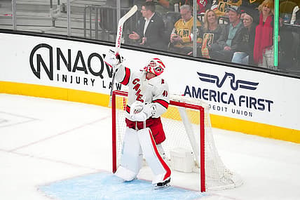 Feb 17, 2024; Las Vegas, Nevada, USA; Carolina Hurricanes goaltender Spencer Martin (41) celebrates after the Hurricanes defeated the Vegas Golden Knights 3-1 at T-Mobile Arena. Mandatory Credit: Stephen R. Sylvanie-USA TODAY Sports
