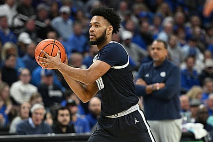 Feb 13, 2024; Omaha, Nebraska, USA;  Georgetown Hoyas guard Jayden Epps (10) passes against the Creighton Bluejays in the first half at CHI Health Center Omaha. Mandatory Credit: Steven Branscombe-USA TODAY Sports