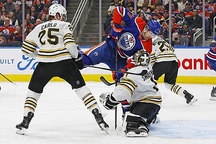Feb 21, 2024; Edmonton, Alberta, CAN; Edmonton Oilers forward Warren Foegele (37) crashes into Boston Bruins goaltender Jeremy Swayman (1) during the first period at Rogers Place. Mandatory Credit: Perry Nelson-USA TODAY Sports