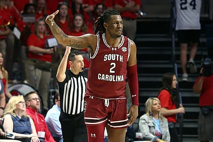 Feb 24, 2024; Oxford, Mississippi, USA; South Carolina Gamecocks forward B.J. Mack (2) reacts after a three-point basket during the second half against the Mississippi Rebels at The Sandy and John Black Pavilion at Ole Miss. Mandatory Credit: Petre Thomas-USA TODAY Sports