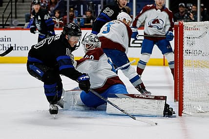 Feb 24, 2024; Denver, Colorado, USA; Colorado Avalanche goaltender Alexandar Georgiev (40) makes a save against Toronto Maple Leafs right wing Mitchell Marner (16) in the first period at Ball Arena. Mandatory Credit: Isaiah J. Downing-USA TODAY Sports