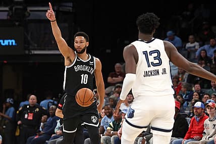 Feb 26, 2024; Memphis, Tennessee, USA; Brooklyn Nets guard Ben Simmons (10) gives direction as he brings the ball up the court during the second half against the Memphis Grizzlies at FedExForum. Mandatory Credit: Petre Thomas-USA TODAY Sports