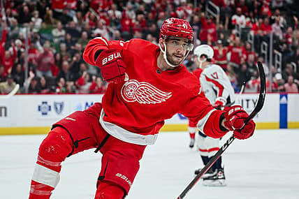 Feb 27, 2024; Detroit, Michigan, USA; Detroit Red Wings defenseman Shayne Gostisbehere (41) celebrates his goal during the second period against the Washington Capitals at Little Caesars Arena. Mandatory Credit: Tim Fuller-USA TODAY Sports