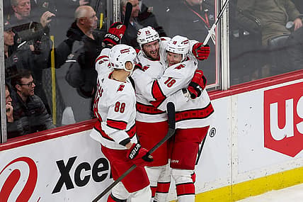 Feb 27, 2024; Saint Paul, Minnesota, USA; Carolina Hurricanes right wing Stefan Noesen (23) celebrates his goal against the Minnesota Wild during the third period at Xcel Energy Center. Mandatory Credit: Matt Krohn-USA TODAY Sports