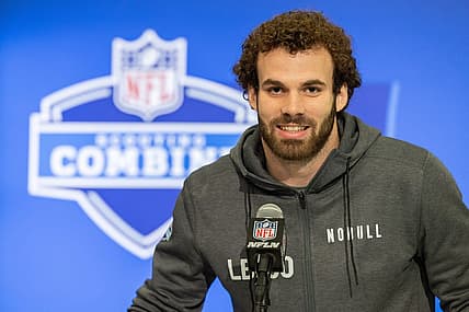 Feb 28, 2024; Indianapolis, IN, USA; North Carolina State linebacker Payton Wilson (LB30) talks to the media at the 2024 NFL Combine at Indiana Convention Center. Mandatory Credit: Trevor Ruszkowski-USA TODAY Sports
