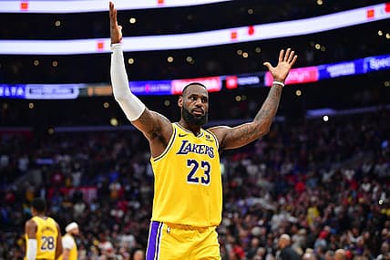Feb 28, 2024; Los Angeles, California, USA; Los Angeles Lakers forward LeBron James (23) celebrates the victory against the Los Angeles Clippers at Crypto.com Arena. Mandatory Credit: Gary A. Vasquez-USA TODAY Sports