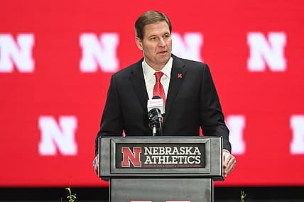Nov 28, 2022; Omaha, Nebraska, US;  Nebraska Cornhuskers athletic director Trev Alberts speaks at the introductory press conference at the Hawks Championship Center on the University of Nebraska-Lincoln campus. Mandatory Credit: Steven Branscombe-USA TODAY Sports