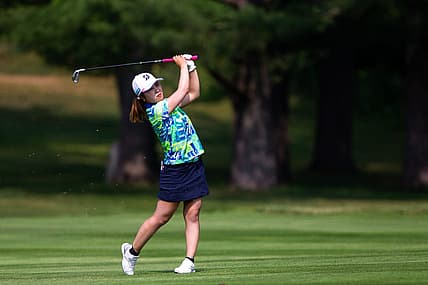 Ayaka Furue hits her ball to the green at hole 14 Saturday, June 17, 2023, at Blythefield Country Club in Belmont, MI.