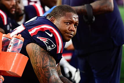 Sep 10, 2023; Foxborough, Massachusetts, USA; New England Patriots offensive tackle Trent Brown (77) sits on the bench during the second half against the Philadelphia Eagles at Gillette Stadium. Mandatory Credit: Eric Canha-USA TODAY Sports