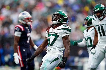 New York Jets linebacker C.J. Mosley (57) reacts after a tackle against the New England Patriots in the second half. The Jets lose to the Patriots, 15-10, at MetLife Stadium on Sunday, Sept. 24, 2023, in East Rutherford.
