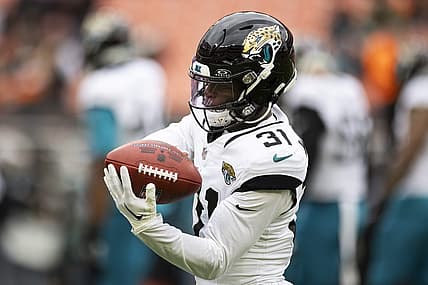 Dec 10, 2023; Cleveland, Ohio, USA; Jacksonville Jaguars cornerback Darious Williams (31) catches the ball during warm ups before the game against the Cleveland Browns at Cleveland Browns Stadium. Mandatory Credit: Scott Galvin-USA TODAY Sports