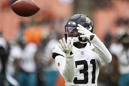 Dec 10, 2023; Cleveland, Ohio, USA; Jacksonville Jaguars cornerback Darious Williams (31) catches the ball during warm ups before the game against the Cleveland Browns at Cleveland Browns Stadium. Mandatory Credit: Scott Galvin-USA TODAY Sports