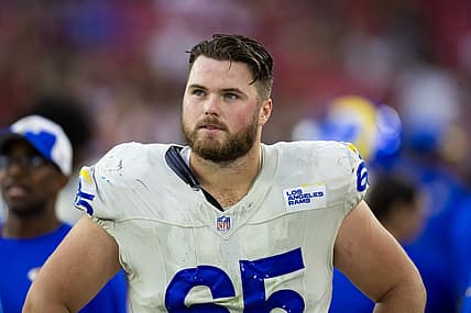 Nov 26, 2023; Glendale, Arizona, USA; Los Angeles Rams center Coleman Shelton (65) against the Arizona Cardinals at State Farm Stadium. Mandatory Credit: Mark J. Rebilas-USA TODAY Sports
