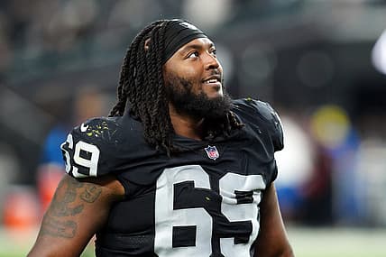 Dec 14, 2023; Paradise, Nevada, USA;  Las Vegas Raiders defensive tackle Adam Butler (69) smiles after the game against the Los Angeles Chargers at Allegiant Stadium. Mandatory Credit: Stephen R. Sylvanie-USA TODAY Sports