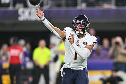 Nov 27, 2023; Minneapolis, Minnesota, USA; Chicago Bears quarterback Justin Fields (1) throws a pass during the game against the Minnesota Vikings at U.S. Bank Stadium. Mandatory Credit: Jeffrey Becker-USA TODAY Sports