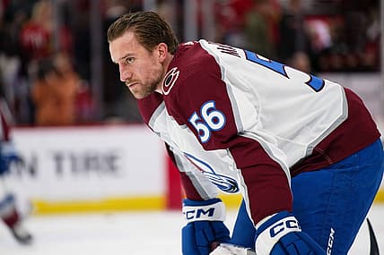 Dec 19, 2023; Chicago, Illinois, USA;  Colorado Avalanche defenseman Kurtis MacDermid (56) warms up before a game against the Chicago Blackhawks at United Center. Mandatory Credit: Jamie Sabau-USA TODAY Sports