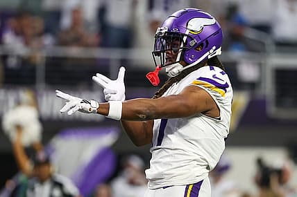 Dec 24, 2023; Minneapolis, Minnesota, USA; Minnesota Vikings wide receiver K.J. Osborn (17) celebrates his pass against the Detroit Lions during the third quarter at U.S. Bank Stadium. Mandatory Credit: Matt Krohn-USA TODAY Sports