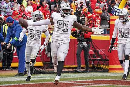 Dec 25, 2023; Kansas City, Missouri, USA; Las Vegas Raiders defensive tackle Bilal Nichols (91) celebrates after recovering a fumble to score against the Kansas City Chiefs during the game at GEHA Field at Arrowhead Stadium. Mandatory Credit: Denny Medley-USA TODAY Sports