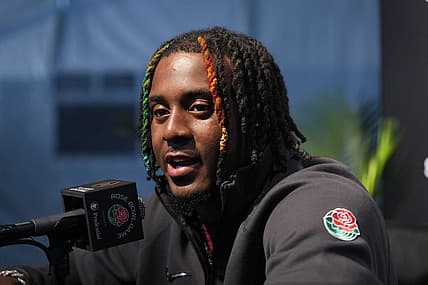 Dec 30, 2023; Pasadena, CA, USA; Alabama Crimson Tide defensive back Kool-Aid McKinstry during Rose Bowl media day at Rose Bowl Stadium. Mandatory Credit: Kirby Lee-USA TODAY Sports