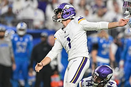 Dec 24, 2023; Minneapolis, Minnesota, USA; Minnesota Vikings place kicker Greg Joseph (1) kicks a field goal during the game against the Detroit Lions at U.S. Bank Stadium. Mandatory Credit: Jeffrey Becker-USA TODAY Sports
