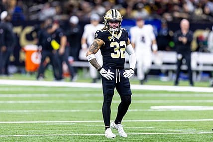 Jan 7, 2024; New Orleans, Louisiana, USA;  New Orleans Saints safety Tyrann Mathieu (32) looks on against the Atlanta Falcons during the first half at Caesars Superdome. Mandatory Credit: Stephen Lew-USA TODAY Sports