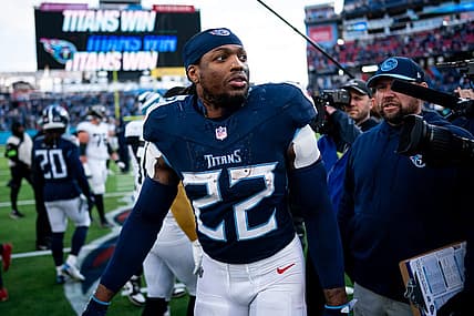 Tennessee Titans running back Derrick Henry (22) exits the field after defeating Jacksonville Jaguars 28-20 at Nissan Stadium in Nashville, Tenn., Sunday, Jan. 7, 2024.