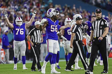 Jan 7, 2024; Miami Gardens, Florida, USA; Buffalo Bills defensive end Leonard Floyd (56) celebrates after winning the game against the Miami Dolphins at Hard Rock Stadium. Mandatory Credit: Sam Navarro-USA TODAY Sports