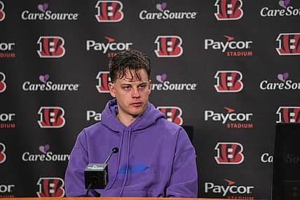 Bengals quarterback Joe Burrow speaks to the media during a press conference on the first day of the off season for the Bengals at Paycor Stadium on Monday January 8, 2024