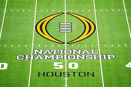 Jan 8, 2024; Houston, TX, USA; The 2024 CFP logo on the field before the 2024 College Football Playoff national championship game between the Michigan Wolverines and the Washington Huskies at NRG Stadium. Mandatory Credit: Kirby Lee-USA TODAY Sports