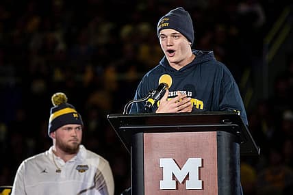 Jan 13, 2024; Ann Arbor, MI, USA; Michigan quarterback J.J. McCarthy speaks during the national championship celebration at Crisler Center in Ann Arbor on Saturday, Jan. 13, 2024. Mandatory Credit: Junfu Han-USA TODAY Sports