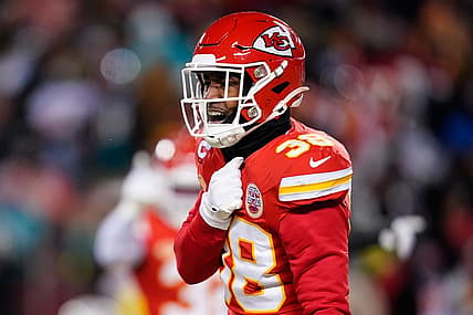 Jan 13, 2024; Kansas City, Missouri, USA; Kansas City Chiefs cornerback L'Jarius Sneed (38) reacts against the Miami Dolphins during the first half of the 2024 AFC wild card game at GEHA Field at Arrowhead Stadium. Mandatory Credit: Jay Biggerstaff-USA TODAY Sports