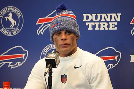 Jan 15, 2024; Orchard Park, New York, USA; Buffalo Bills safety Jordan Poyer (21) at a press conference after a 2024 AFC wild card game at Highmark Stadium. Mandatory Credit: Kirby Lee-USA TODAY Sports
