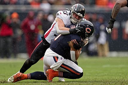 Dec 31, 2023; Chicago, Illinois, USA;  Atlanta Falcons linebacker Nate Landman (53) makes a tackle against the Chicago Bears at Soldier Field. Mandatory Credit: Jamie Sabau-USA TODAY Sports