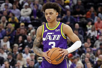 Feb 22, 2024; Salt Lake City, Utah, USA;  Utah Jazz guard Keyonte George (3) controls the ball during the first quarter against the Charlotte Hornets at Delta Center. Mandatory Credit: Chris Nicoll-USA TODAY Sports