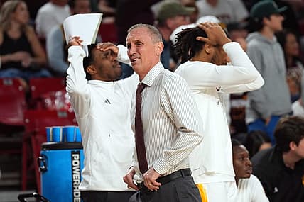 Feb 24, 2024; Tempe, Arizona, USA; Arizona State Sun Devils head coach Bobby Hurley reacts against the Washington State Cougars during the second half at Desert Financial Arena. Mandatory Credit: Joe Camporeale-USA TODAY Sports