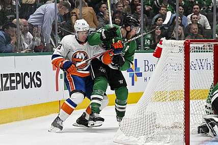 Feb 26, 2024; Dallas, Texas, USA; New York Islanders center Casey Cizikas (53) and Dallas Stars center Joe Pavelski (16) in action during the game between the Dallas Stars and the New York Islanders at the American Airlines Center. Mandatory Credit: Jerome Miron-USA TODAY Sports