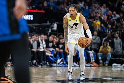 Feb 29, 2024; Orlando, Florida, USA; Utah Jazz guard Keyonte George (3) dribbles the ball against the Orlando Magic in the fourth quarter at Kia Center. Mandatory Credit: Jeremy Reper-USA TODAY Sports
