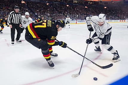 Feb 29, 2024; Vancouver, British Columbia, CAN; Vancouver Canucks defenseman Tyler Myers (57) battles with Los Angeles Kings forward Kevin Fiala (22) in the first period at Rogers Arena. Mandatory Credit: Bob Frid-USA TODAY Sports