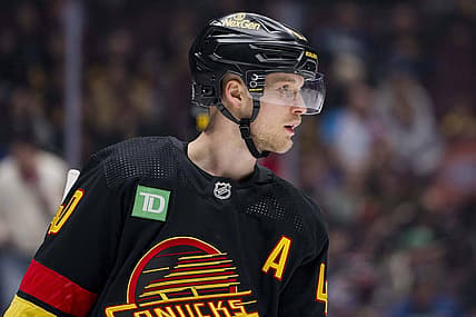 Feb 29, 2024; Vancouver, British Columbia, CAN; Vancouver Canucks forward Elias Pettersson (40) during a stop in play against the Los Angeles Kings in the first period at Rogers Arena. Mandatory Credit: Bob Frid-USA TODAY Sports