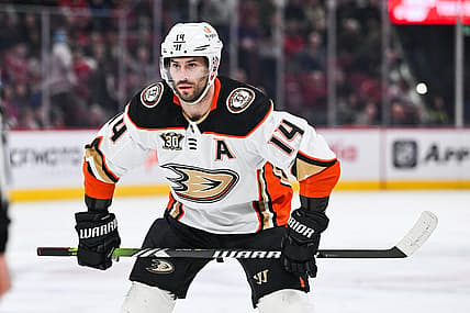 Feb 13, 2024; Montreal, Quebec, CAN; Anaheim Ducks center Adam Henrique (14) waits for a face-off against the Montreal Canadiens during the first period at Bell Centre. Mandatory Credit: David Kirouac-USA TODAY Sports