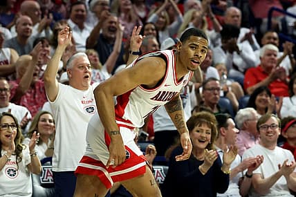 Mar 2, 2024; Tucson, Arizona, USA; Arizona Wildcats forward Keshad Johnson (16) makes a 3-point basket against the Oregon Ducks during the second half at McKale Center. Mandatory Credit: Zachary BonDurant-USA TODAY Sports