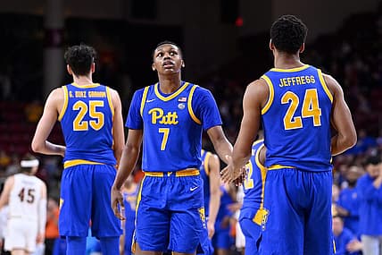 Mar 2, 2024; Chestnut Hill, Massachusetts, USA; Pittsburgh Panthers guard Carlton Carrington (7) and forward William Jeffress (24) react to game action during the second half against the Boston College Eagles at Conte Forum. Mandatory Credit: Eric Canha-USA TODAY Sports