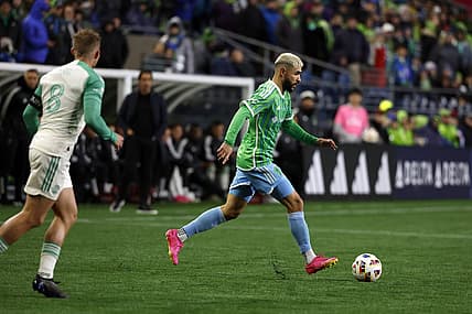 Mar 2, 2024; Seattle, Washington, USA; Seattle Sounders FC defender Alex Roldan (16) controls the ball against Austin FC midfielder Alex Ring (8) during the second half at Lumen Field. Mandatory Credit: Joe Nicholson-USA TODAY Sports