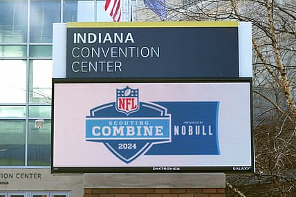 Mar 3, 2024; Indianapolis, IN, USA; The marquee sign at the Indiana Convention Center, the site of the 2024 NFL Scouting Combine. Mandatory Credit: Kirby Lee-USA TODAY Sports