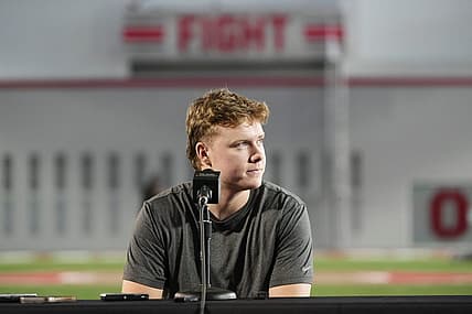 Mar 4, 2024; Columbus, OH, USA; Ohio State Buckeyes quarterback Devin Brown speaks to media at the start of spring practice at the Woody Hayes Athletic Center.