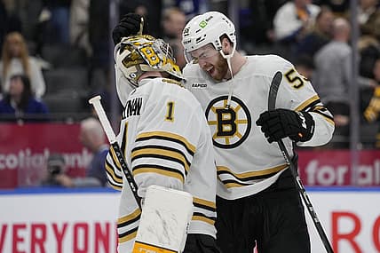 Mar 4, 2024; Toronto, Ontario, CAN; Boston Bruins goaltender Jeremy Swayman (1) and forward Justin Brazeau (55) celebrate a win over the Toronto Maple Leafs at Scotiabank Arena. Mandatory Credit: John E. Sokolowski-USA TODAY Sports