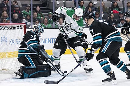 Mar 5, 2024; San Jose, California, USA; San Jose Sharks goaltender Kaapo Kahkonen (36) defends against a shot by Dallas Stars left wing Mason Marchment (27) during the first period at SAP Center at San Jose. Mandatory Credit: John Hefti-USA TODAY Sports