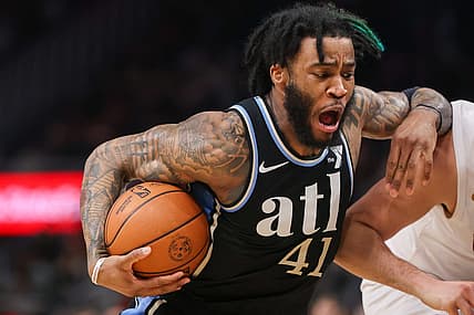Mar 6, 2024; Atlanta, Georgia, USA; Atlanta Hawks forward Saddiq Bey (41) drives to the basket against the Cleveland Cavaliers in the second half at State Farm Arena. Mandatory Credit: Brett Davis-USA TODAY Sports